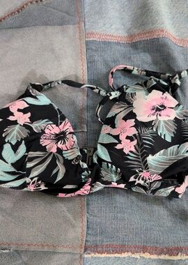 Floral Bikini Top with Pink and Green Accents